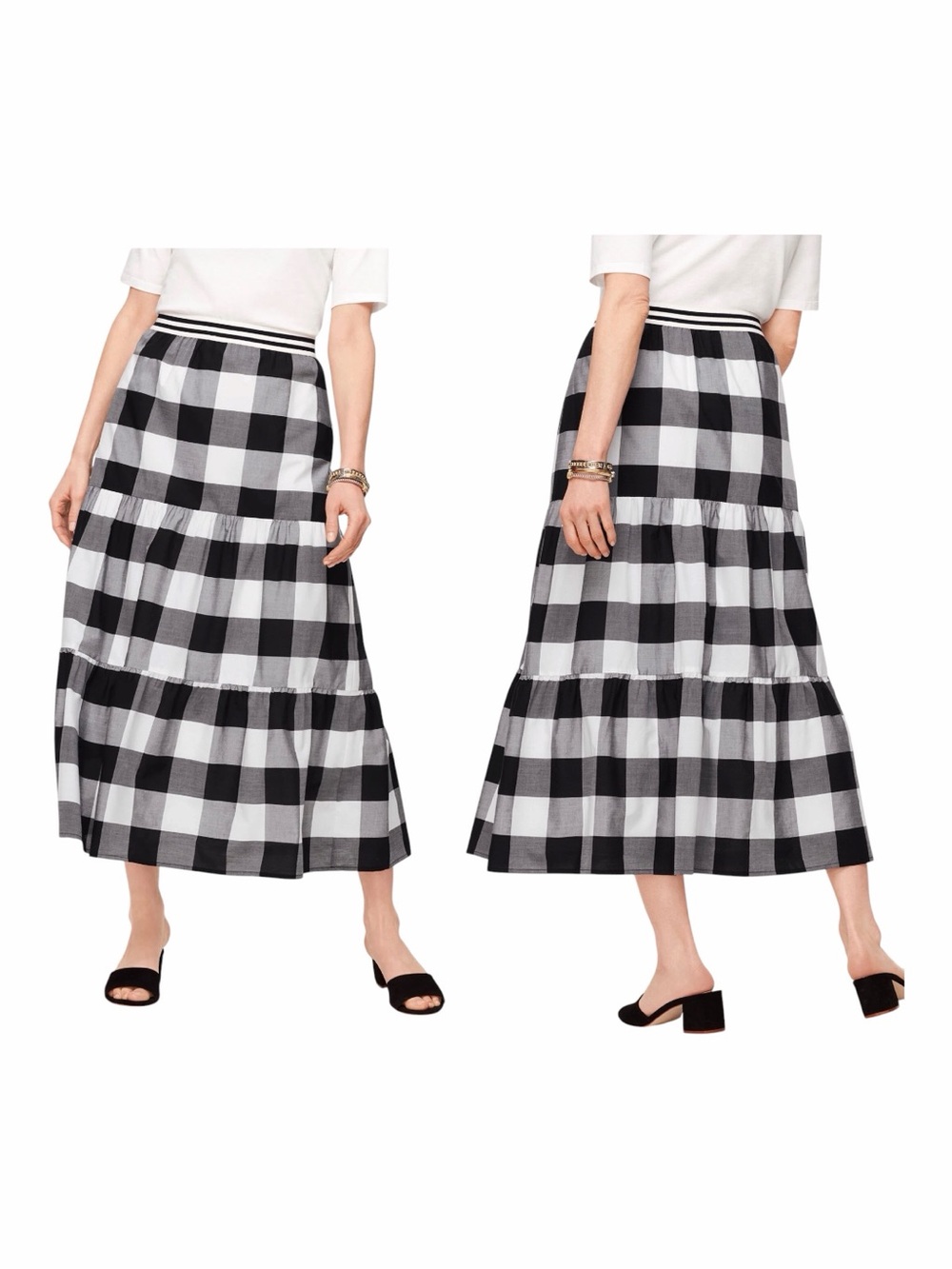 Talbots Black & White BUFFALO CHECK COTTON TIERED MIDI SKIRT. Size Medium Petite